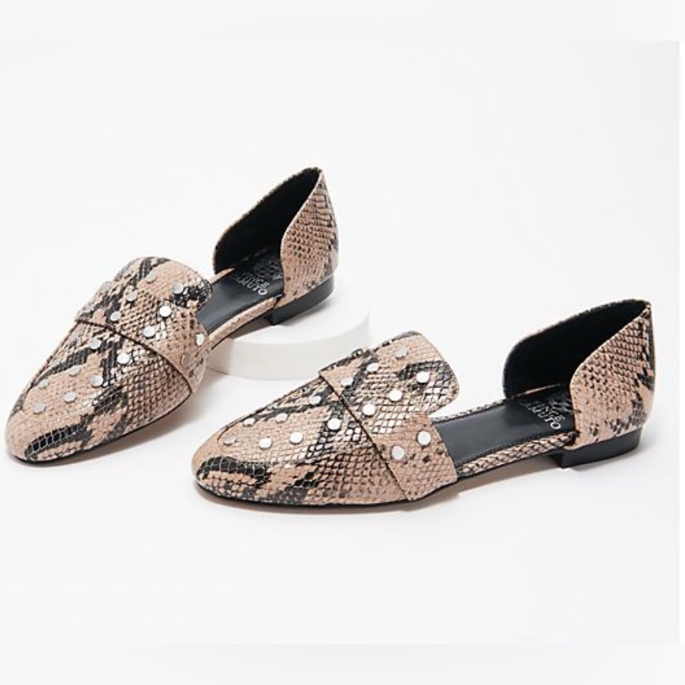 Vince Camuto Taupe Snakeskin Leather Two Piece Silver Studded Flats WENERLY - Picture 2 of 16